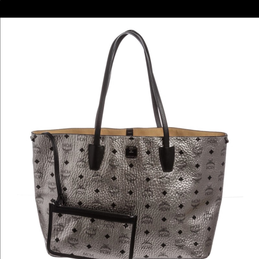 MCM Silver Metallic Visetos Canvas Tote Handbag